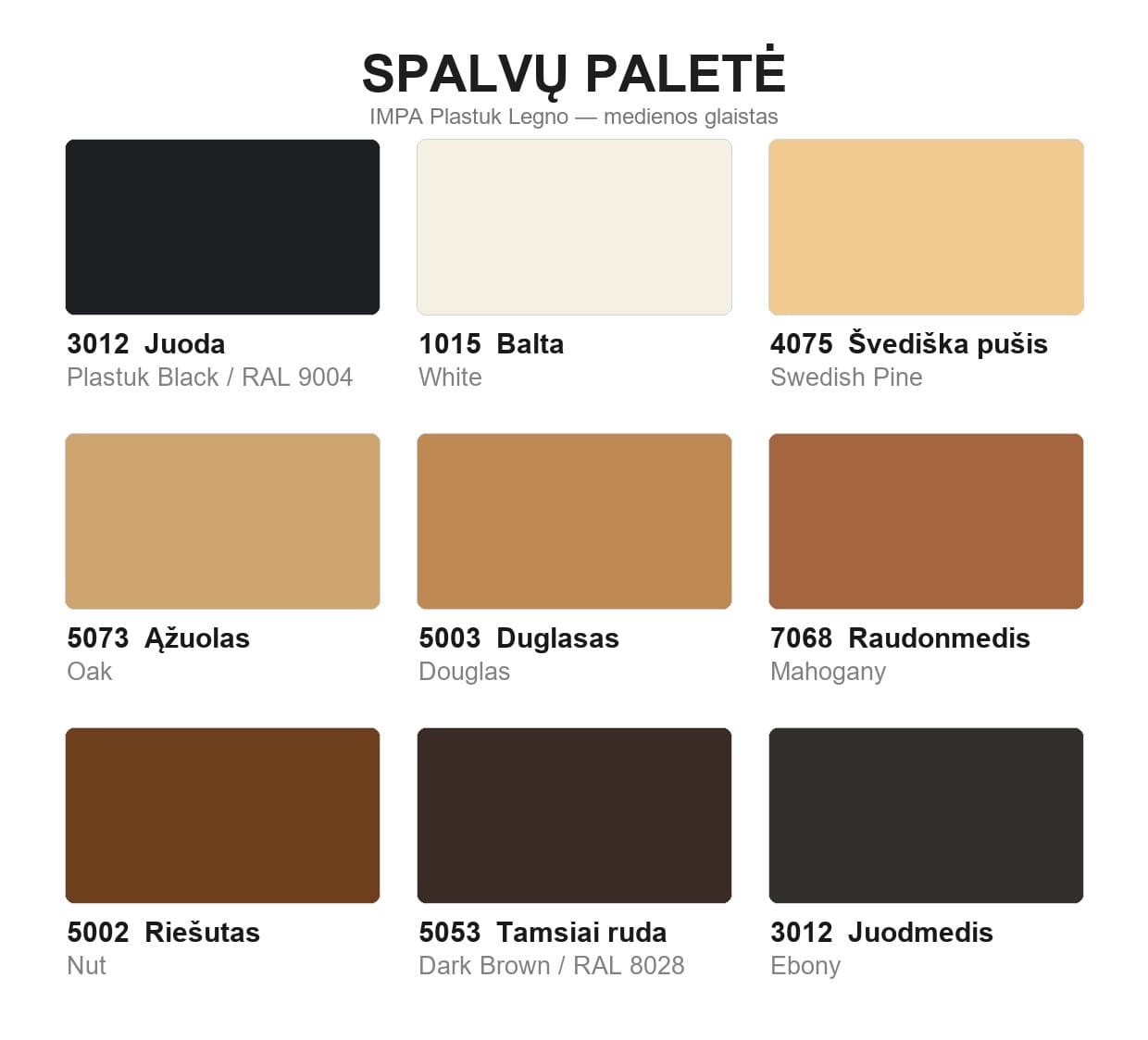 Glaistas IMPA Plastuk Legno 3005 – spalvų paletė