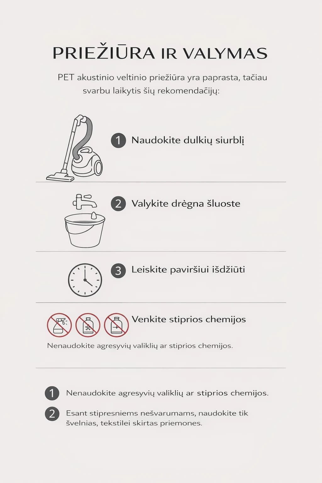 PET akustinio veltinio priežiūra ir valymas – rekomendacijos