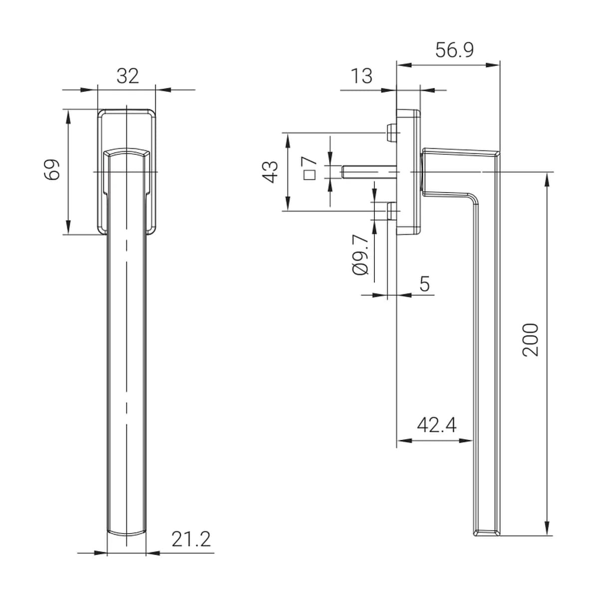 ROTO Square stumdomųjų durų rankena Patio Inowa, 200 mm matmenų brėžinys