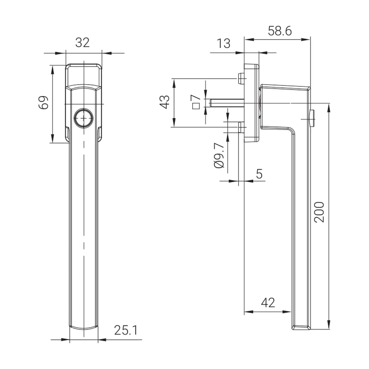 ROTO Square Push-to-open stumdomųjų durų rankena, 200 mm matmenų brėžinys