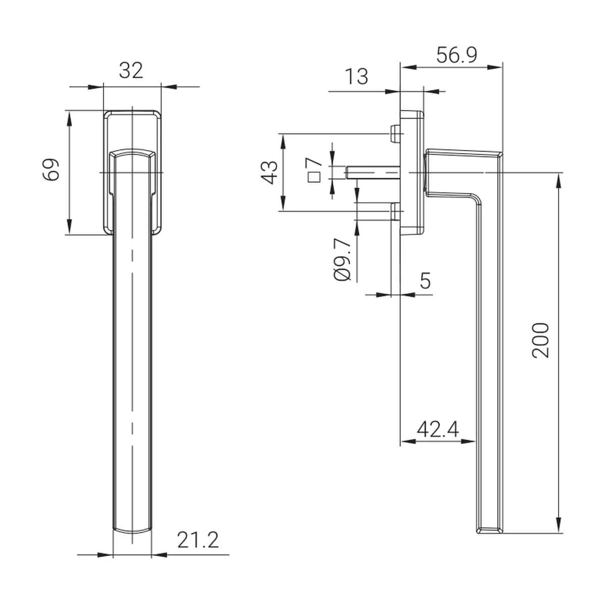 ROTO Square Patio Alversa stumdomųjų durų rankena, 200 mm matmenų brėžinys