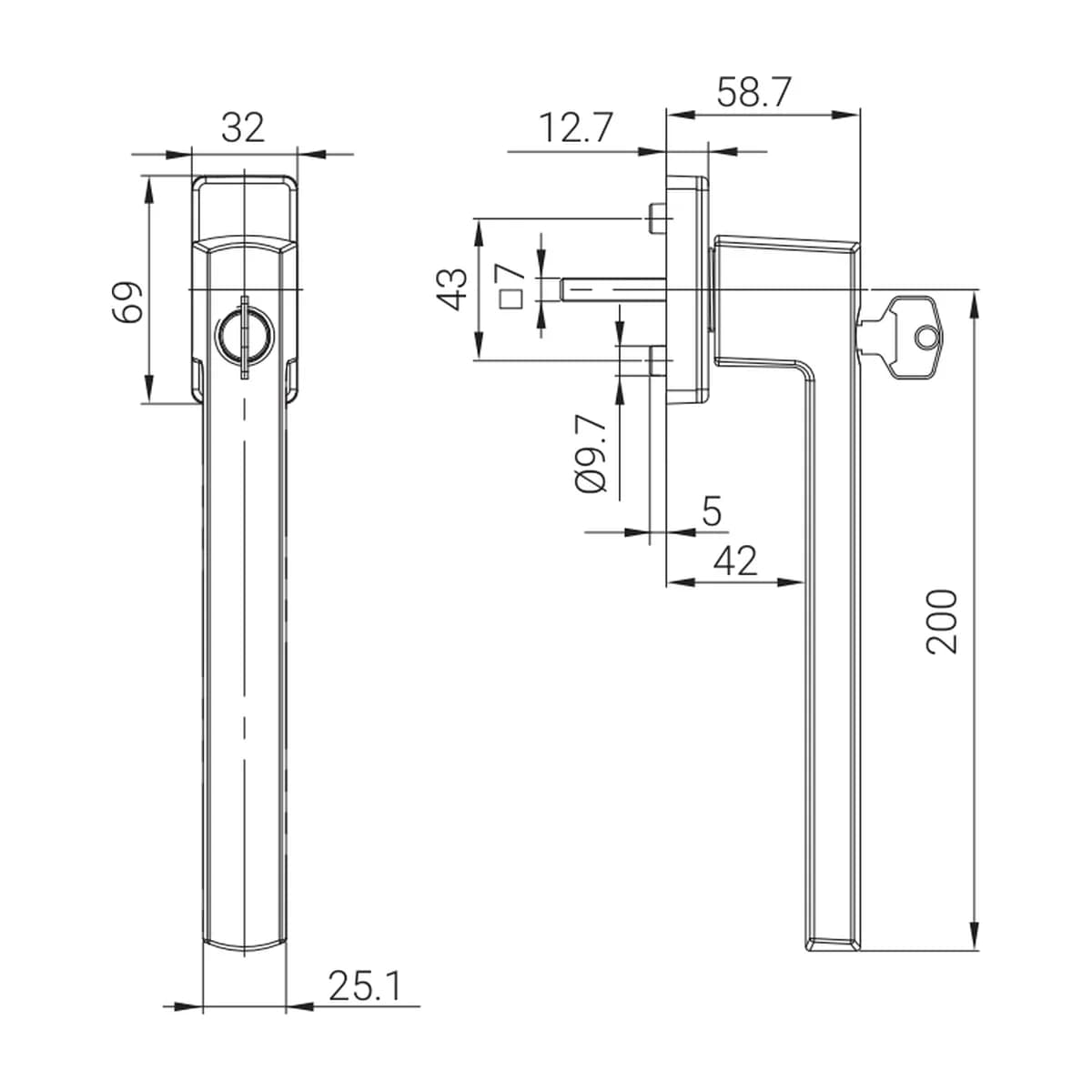 ROTO Square rakinama 100 Nm stumdomųjų durų rankena, 200 mm matmenų brėžinys