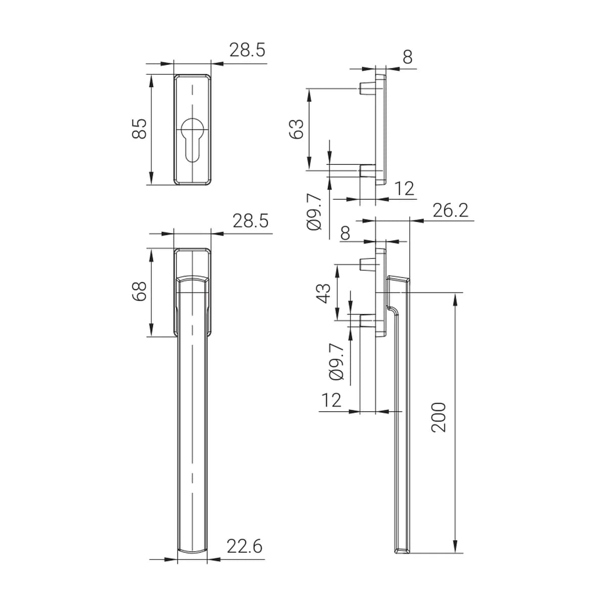 ROTO Square Patio Alversa rankena su apyrakte, išorinė plokščia, 200 mm matmenų brėžinys