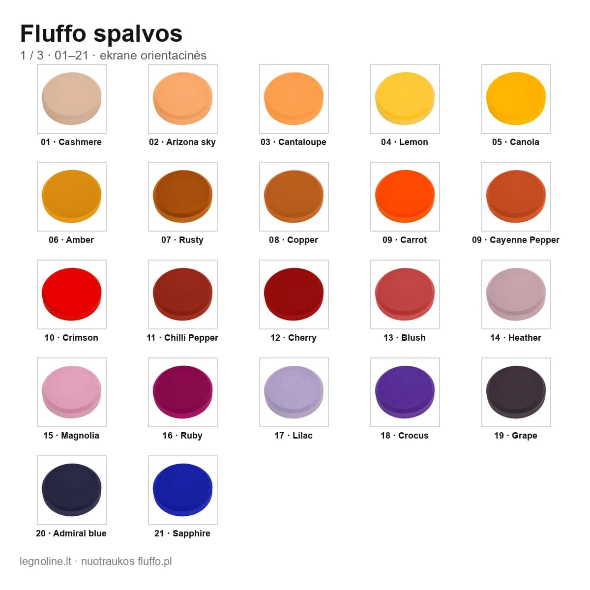 Fluffo spalvų paletė 1/3: spalvos 01–21