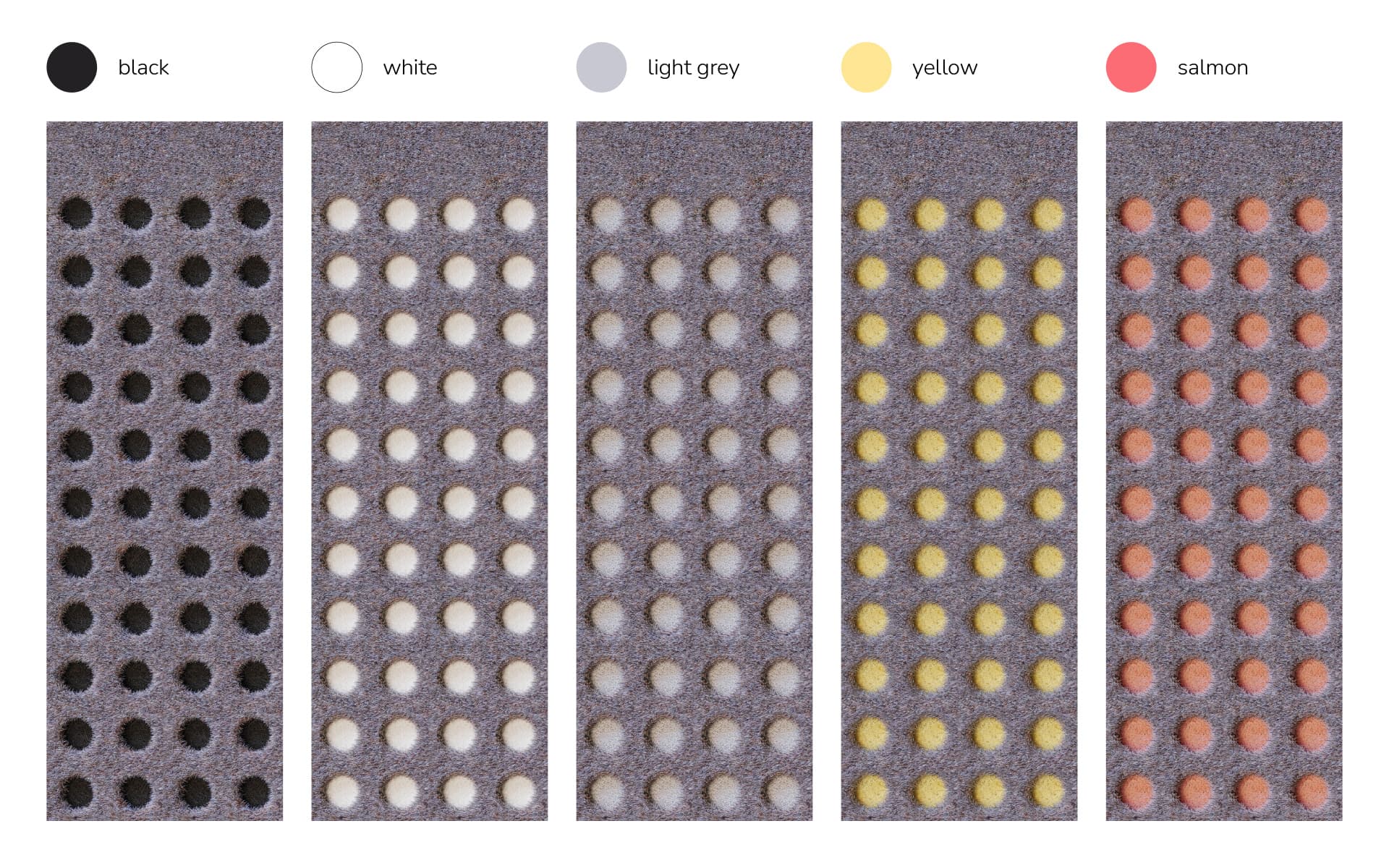 Fluffo PERFO vidinės spalvos: Black, White, Light grey, Yellow, Salmon (gamintojo pavyzdys)