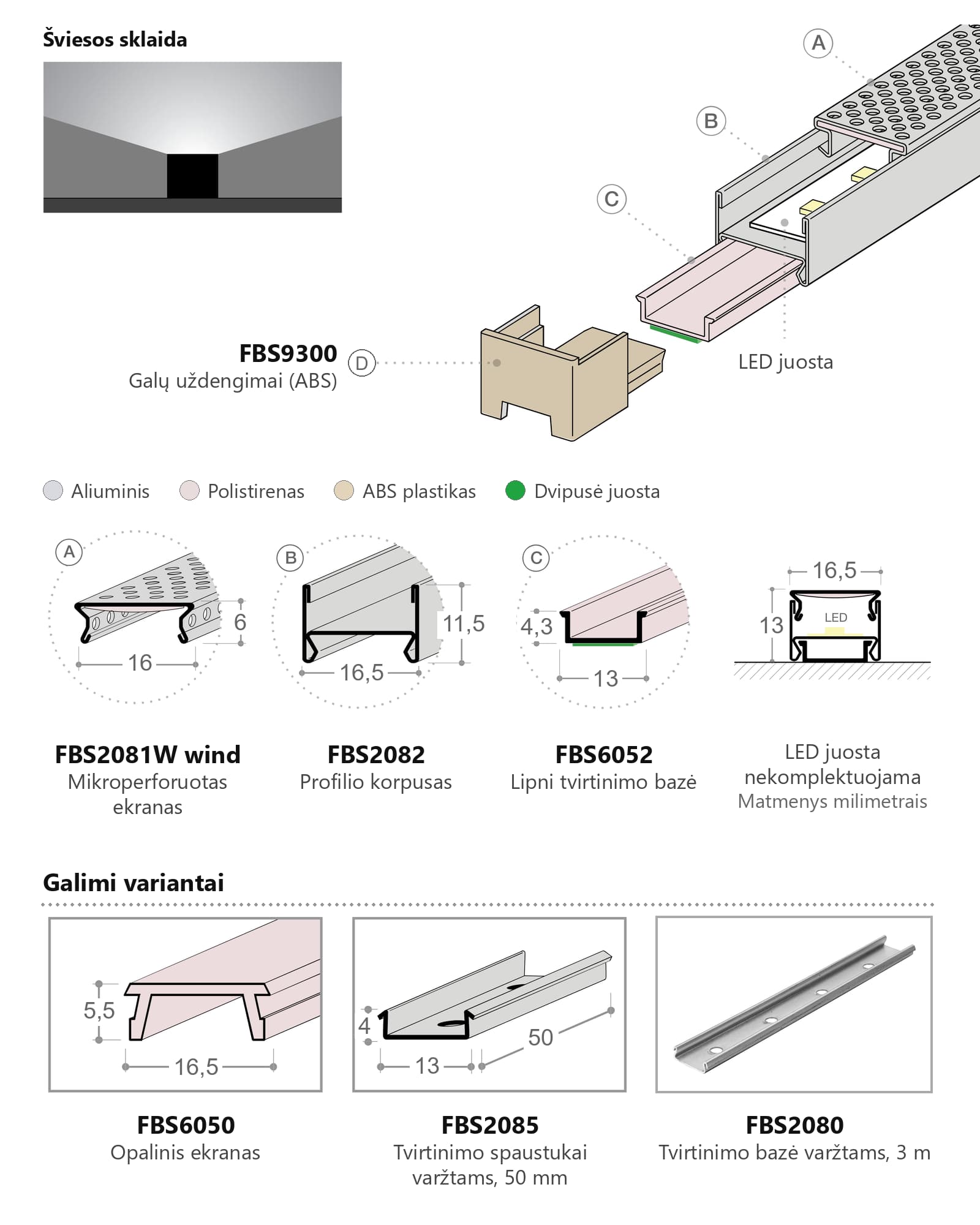Profilis LED juostai Windlight E1, 3 m – brėžinys