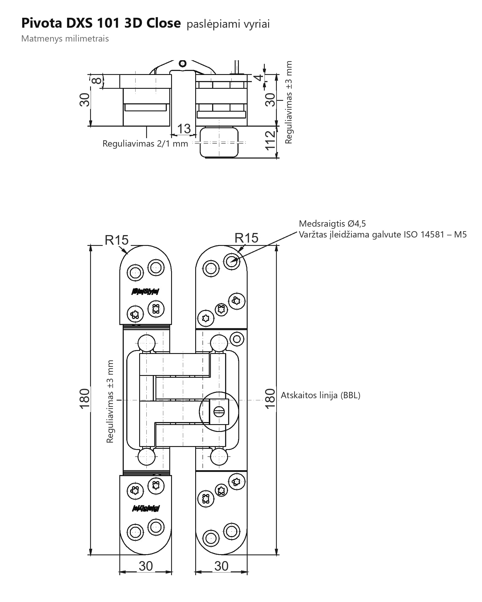 Paslėpiami vyriai Pivota DXS 101 3D Close – brėžinys