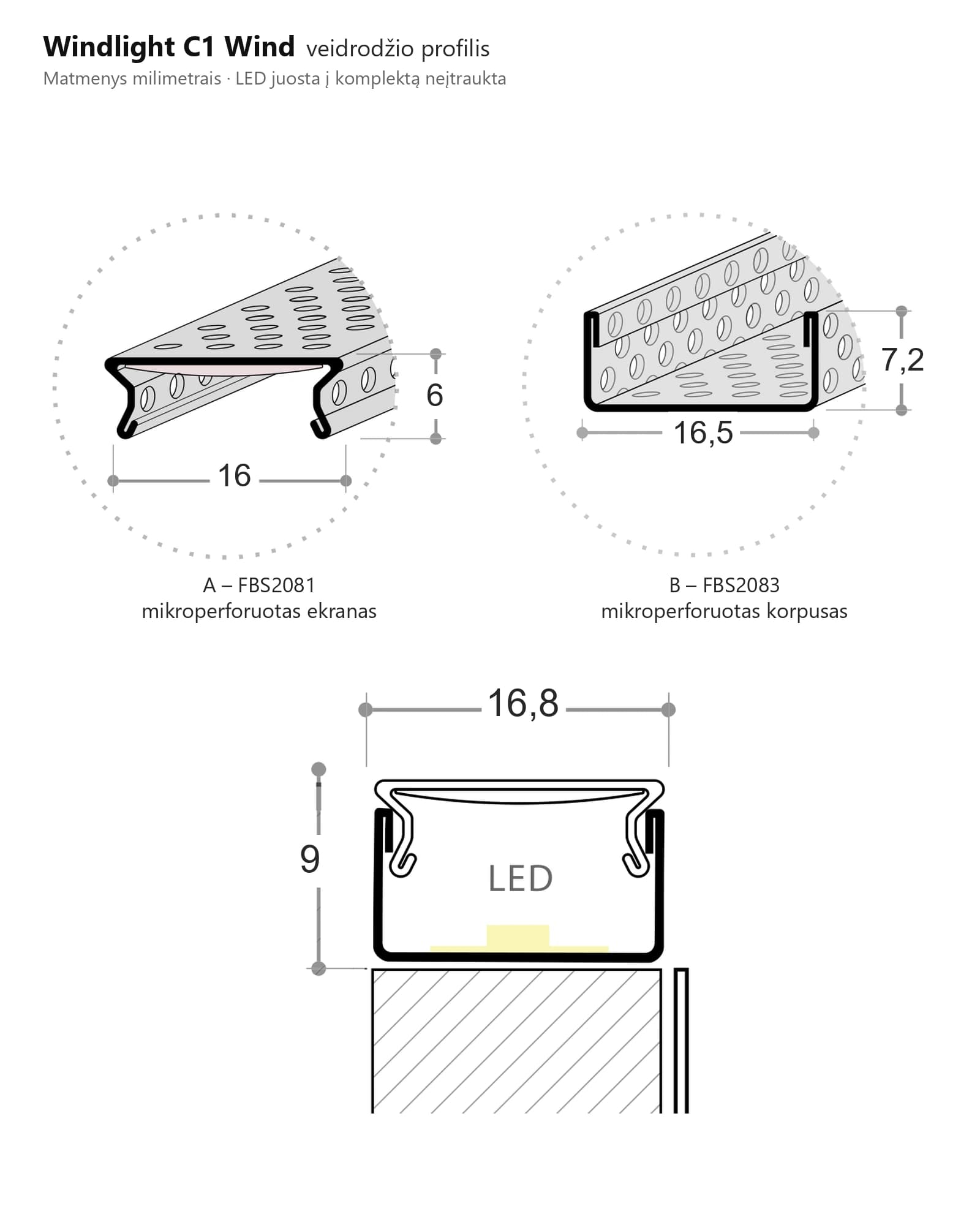 Veidrodžio profilis Windlight C1 Wind – brėžinys su matmenimis, mm