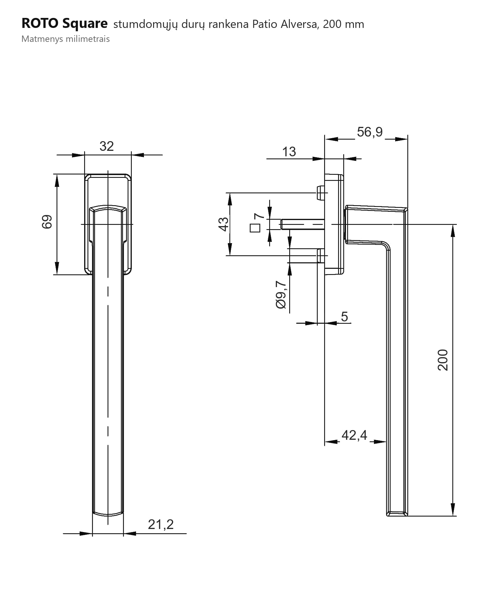ROTO Square Patio Alversa stumdomųjų durų rankena, 200 mm matmenų brėžinys