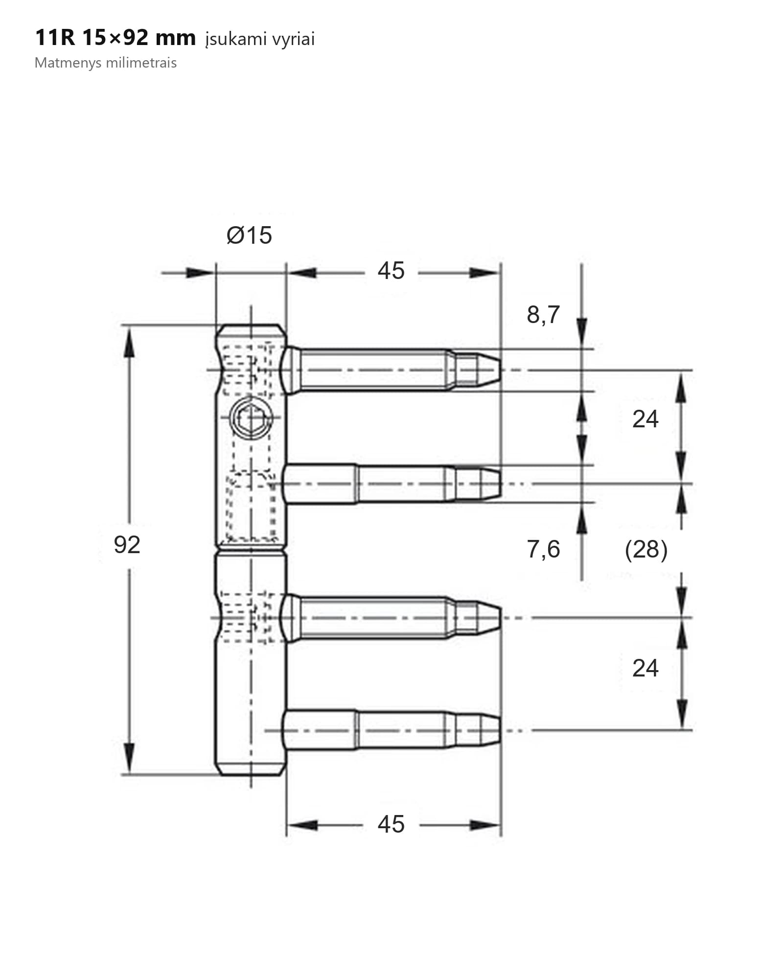 Įsukami vyriai 11R 15×92 mm – brėžinys su matmenimis, mm