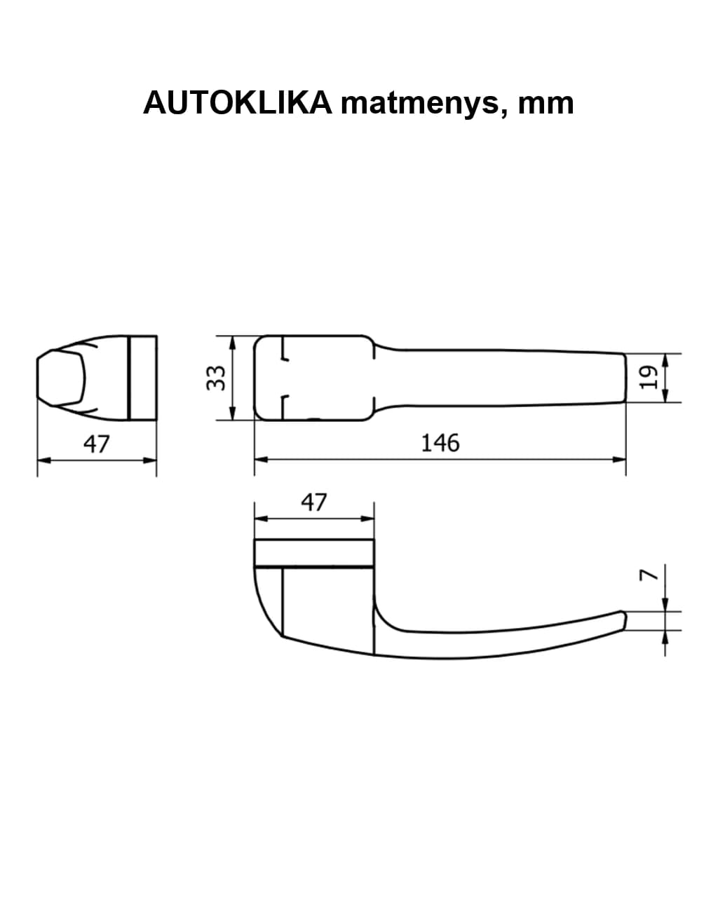 AUTOKLIKA rankenos matmenų brėžinys