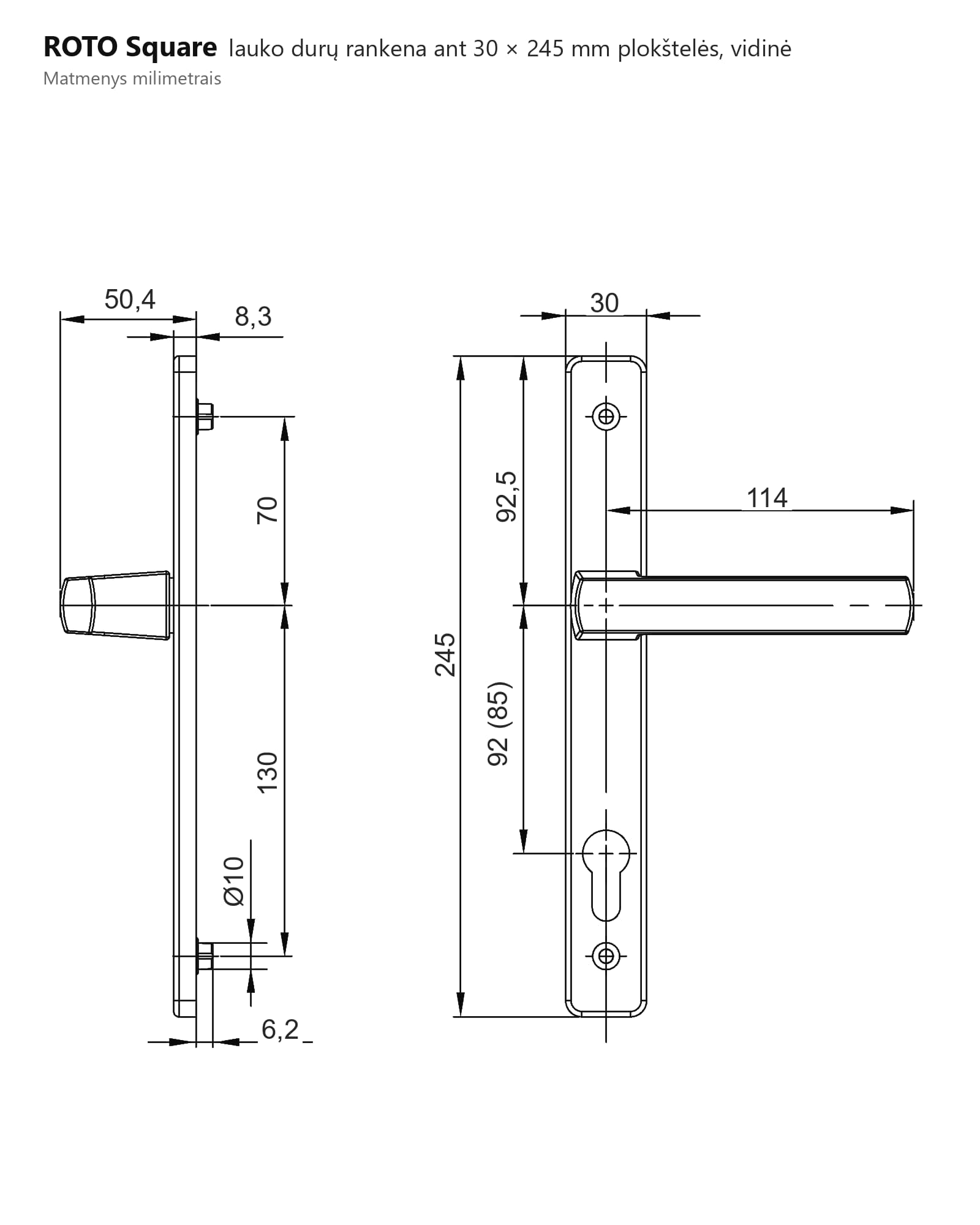 ROTO Square lauko durų rankena ant 30 × 245 mm plokštelės, vidinė matmenų brėžinys