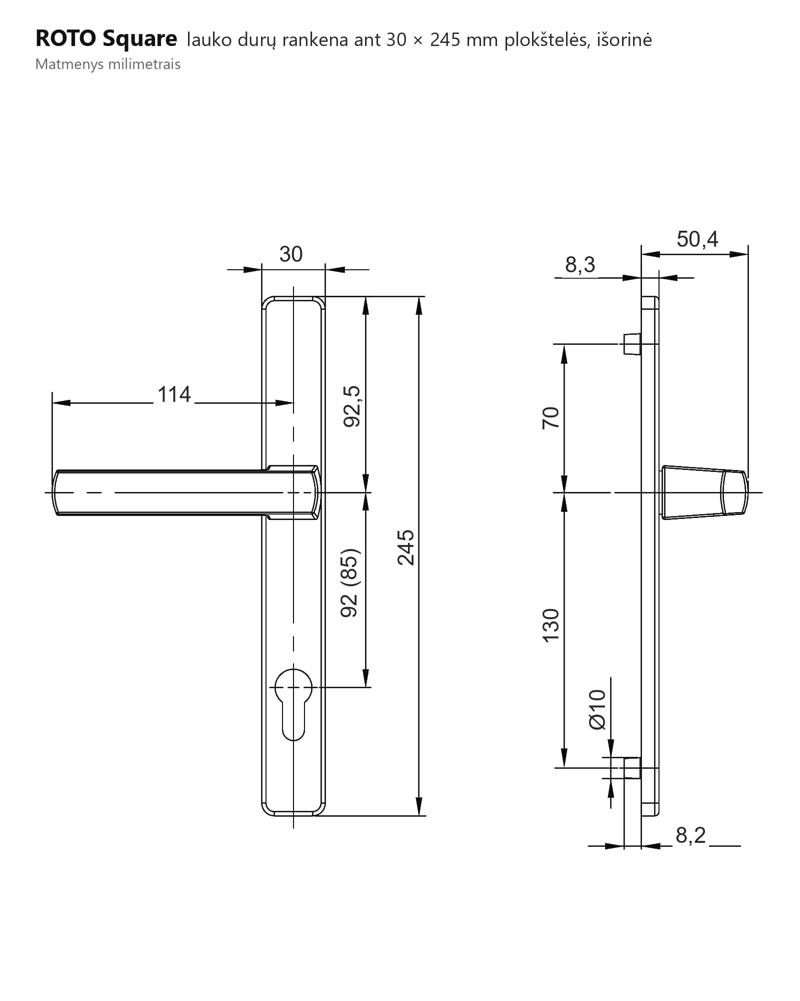 ROTO Square lauko durų rankena ant 30 × 245 mm plokštelės, išorinė matmenų brėžinys