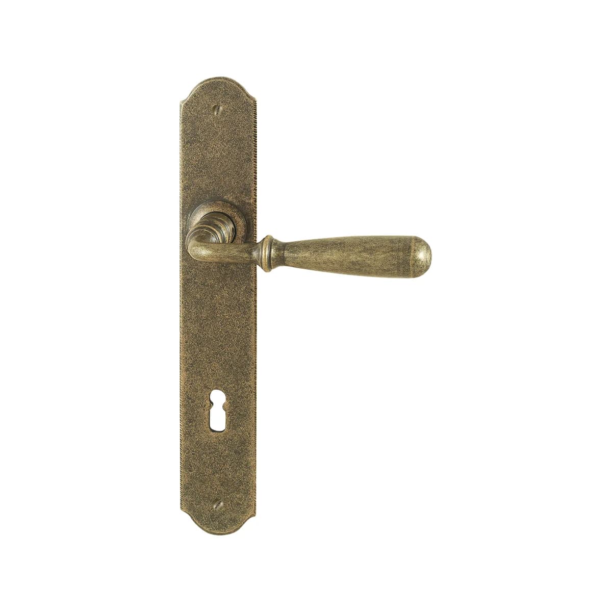 FM030 Kaltinė durų rankena ant plokštelės – Antique Gold apdaila