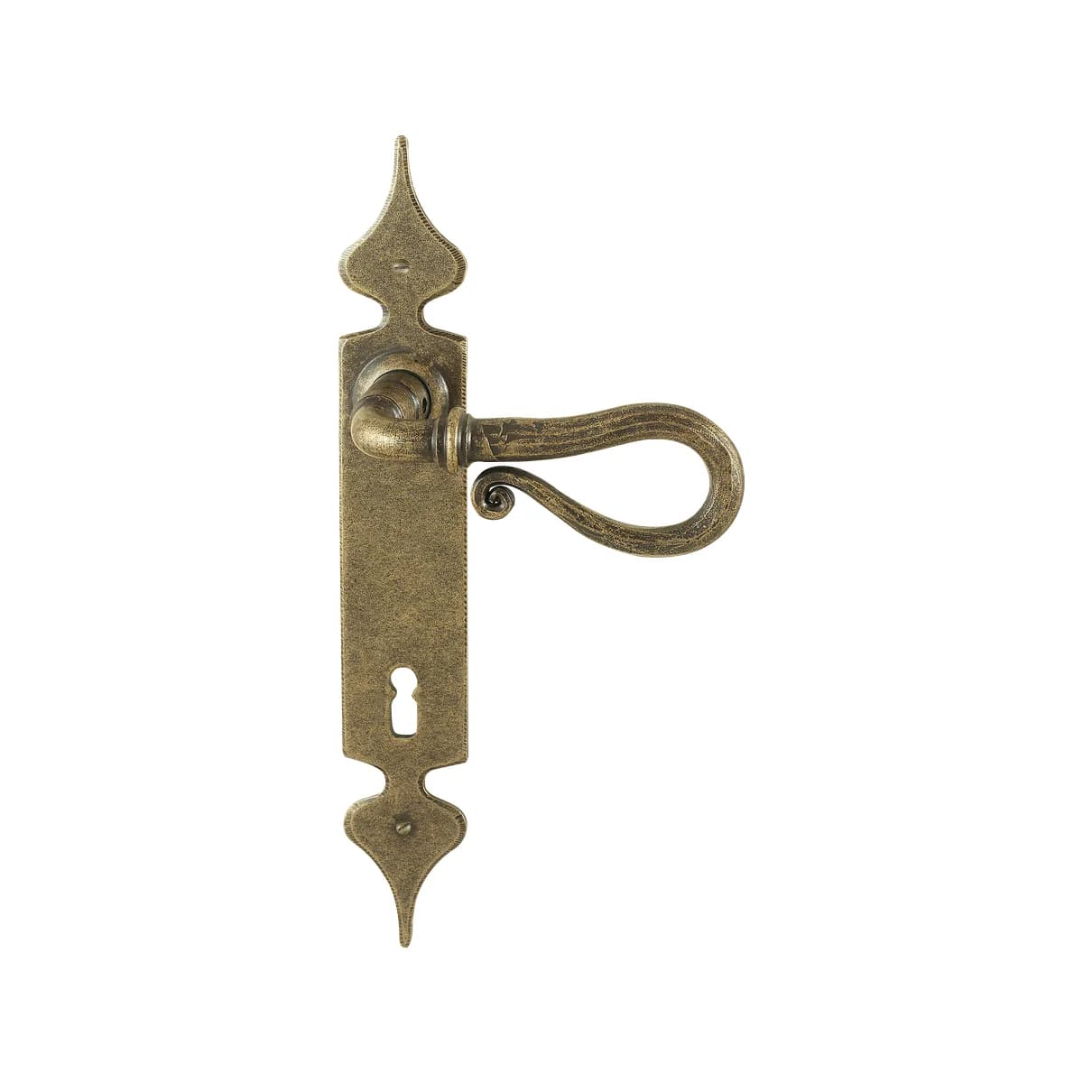 FM015 Kaltinė durų rankena ant plokštelės – Antique Gold apdaila