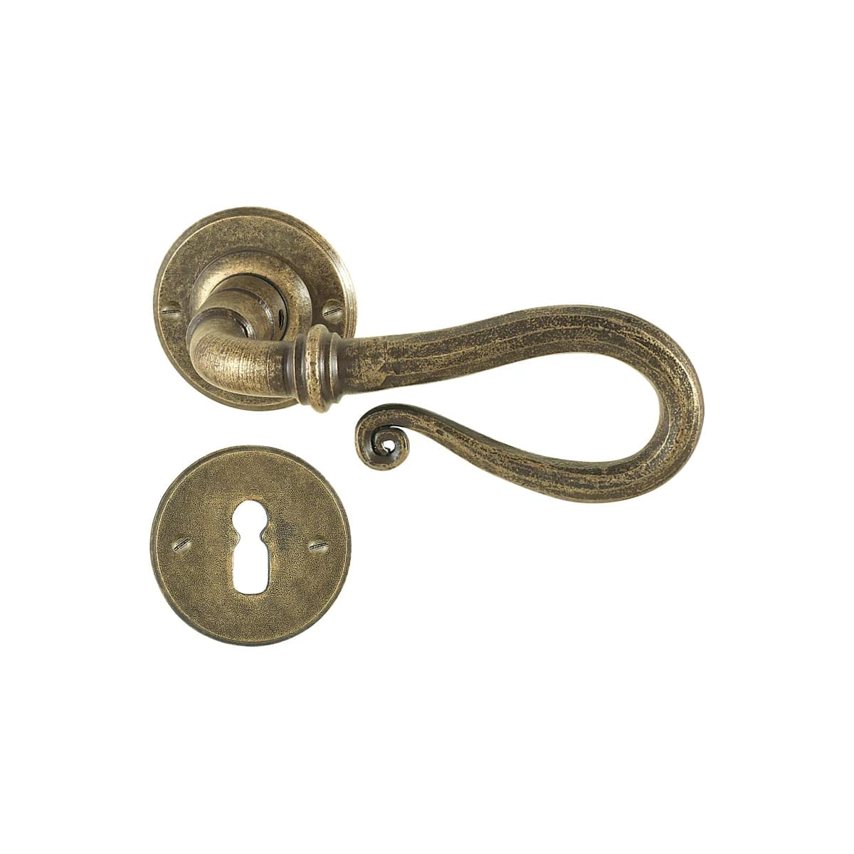 FM016 Kaltinė durų rankena su apyrakte – Antique Gold apdaila