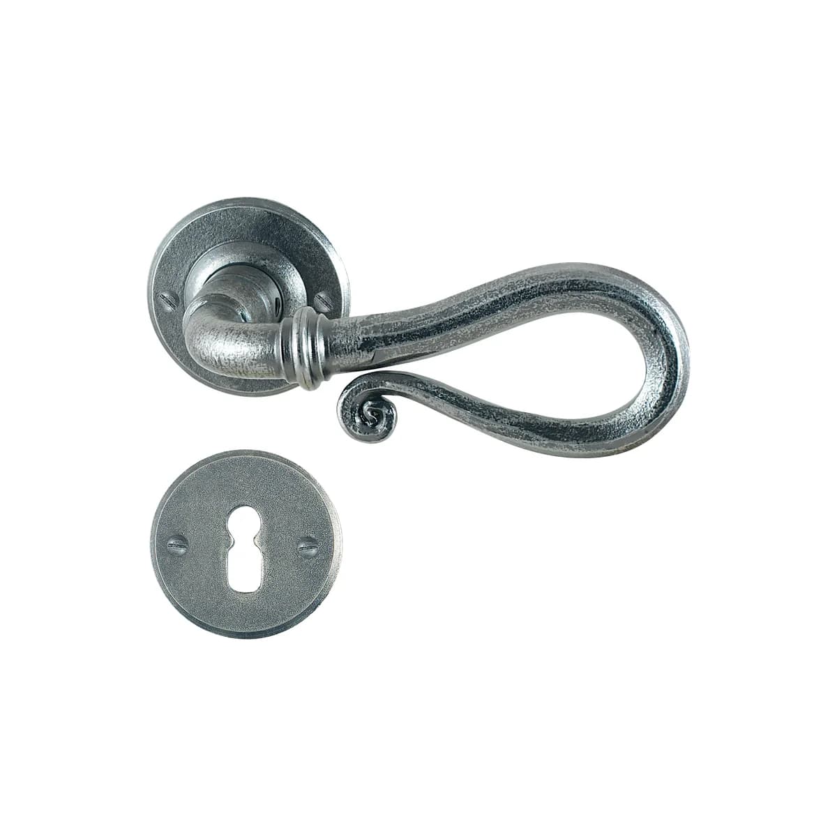 FM016 Kaltinė durų rankena su apyrakte – Antique Silver apdaila