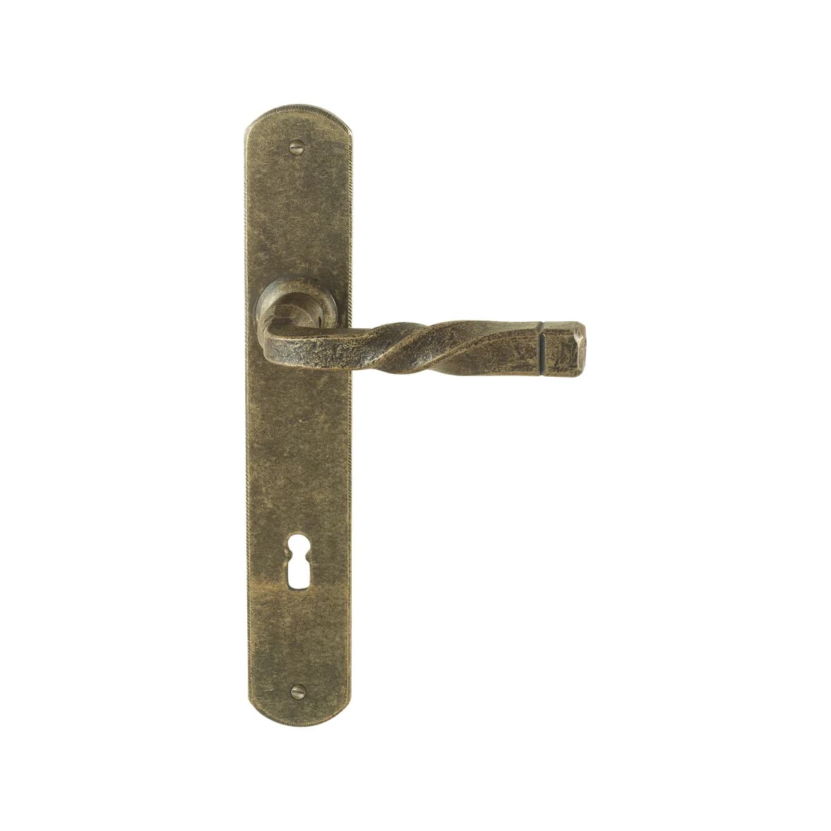 FM026 Kaltinė durų rankena ant plokštelės – Antique Gold apdaila