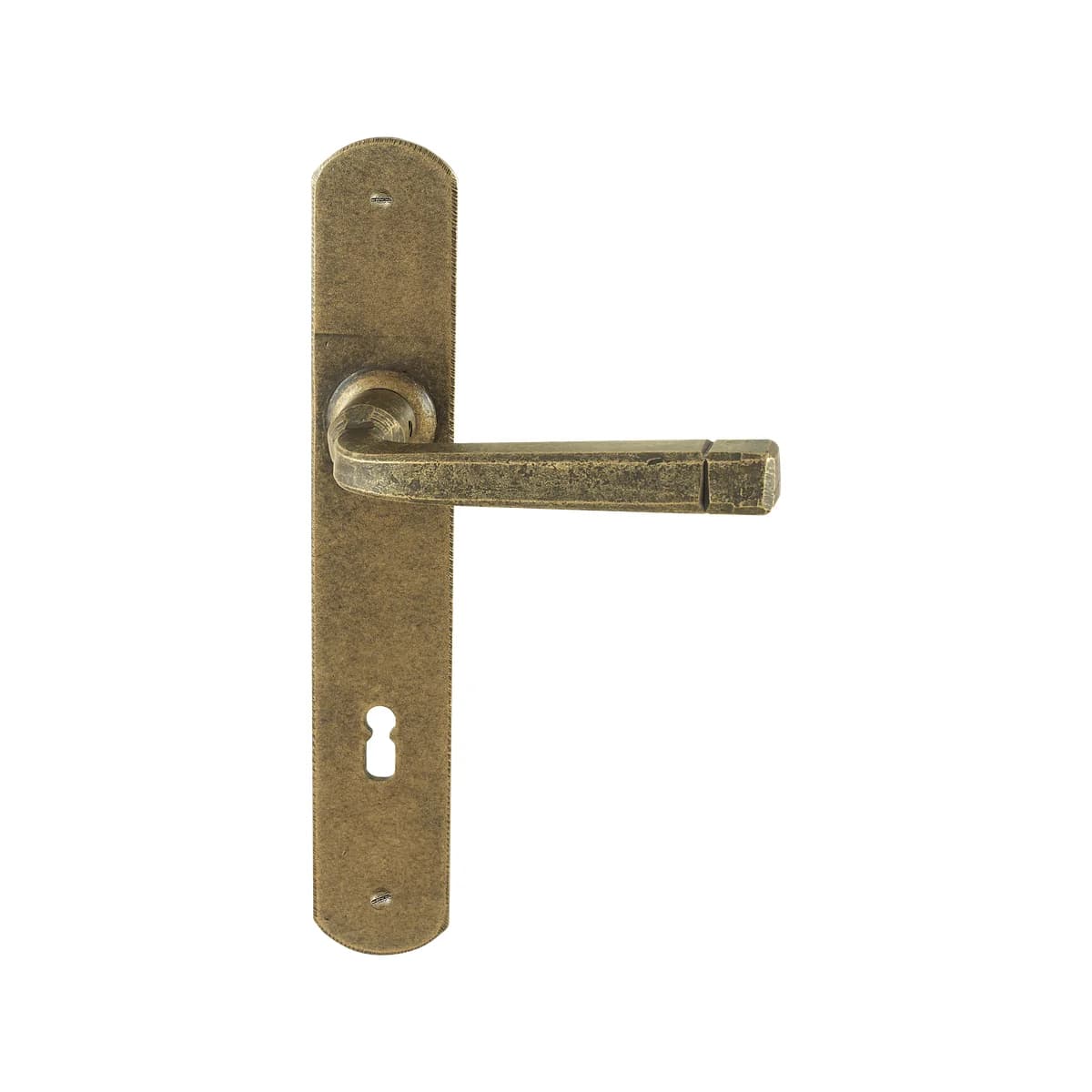FM043 Kaltinė durų rankena ant plokštelės – Antique Gold apdaila