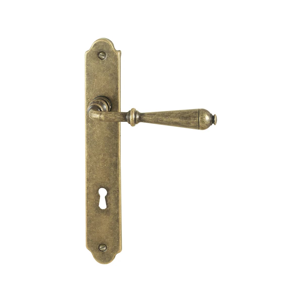 FM310 Kaltinė durų rankena ant plokštelės – Antique Gold apdaila
