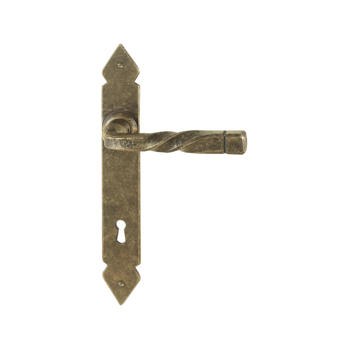 FM379 Kaltinė durų rankena ant plokštelės – Antique Gold apdaila