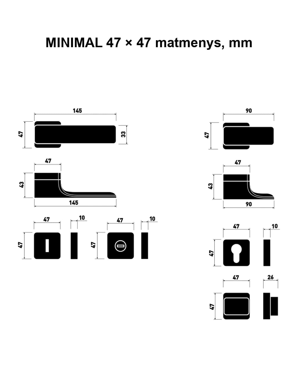 MINIMAL 47 × 47 rankenos ir apyrakčių matmenų brėžinys